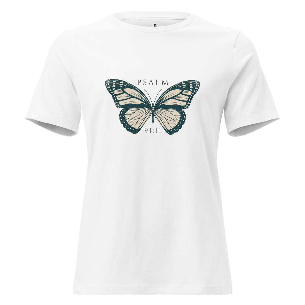 Women's Relaxed Fit T-Shirt - Psalm 91:11 Bible Verse Print Front & Back - Various Colors Christian Faith Tee